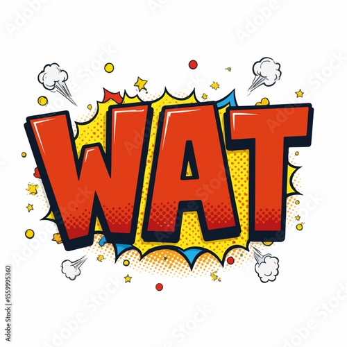 Woven mat texture with retro WAT comic speech bubble style, featuring burst design and bright red letters. Woven mat is isolated on white, displaying halftone effects and star accents.