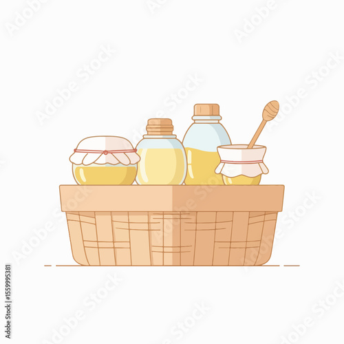 Woven basket with honey products, featuring assorted jars and bottles of natural honey. This woven basket with honey products showcases organic honey and a honey dipper,