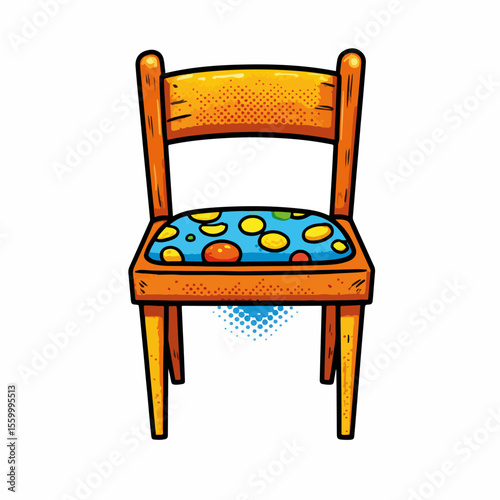 Cartoon wooden chair on white background presents retro furniture, highlighting chair's simple design. Wooden chair has comfortable seating with colorful cushion. Concept of wooden chair for graphics,
