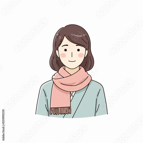 Woman with scarf in light colors showcasing a minimal design. A woman with scarf, depicted in a simple and elegant style, highlights character design.