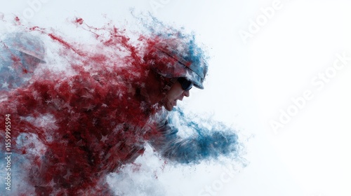 This artistic rendition features a soldier bursting through a cloud of vibrant red and blue smoke, representing courage, heroism, and the dynamic energy of freedom and bravery.