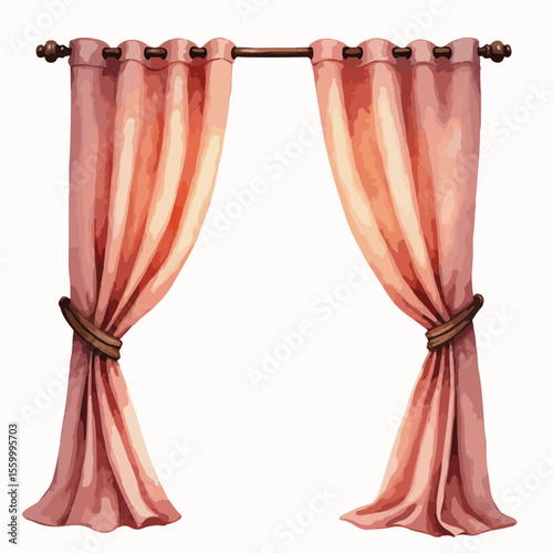 Watercolor window curtain holdback with drapery and tieback, creating soft light in elegant setting. Window curtain holdback design shows draped textile panels and vintage rope style.