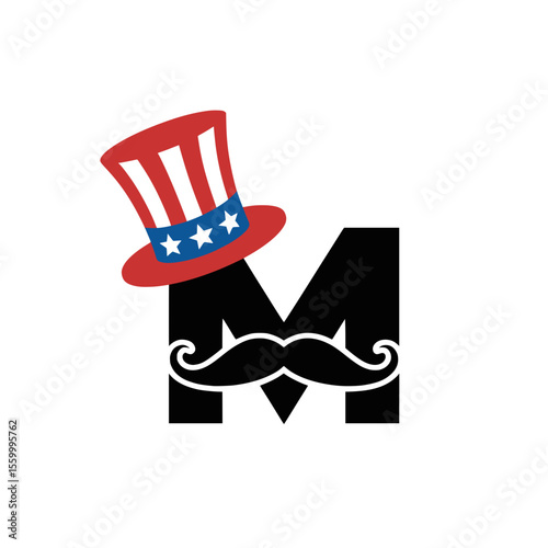 Letter M with Uncle Sam Hat and Mustache Graphic, Bold letter M illustration featuring an Uncle Sam hat and mustache, perfect for American patriotic themes, celebrations, and creative holiday brandin
