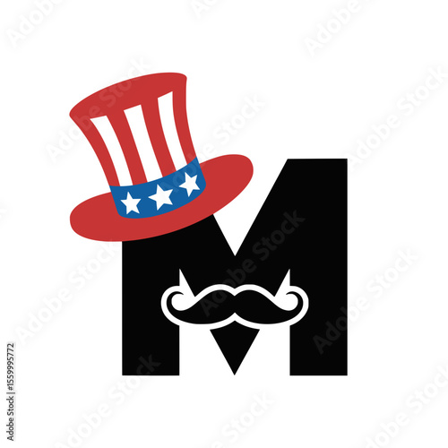 Letter M with Uncle Sam Hat and Mustache Graphic, Bold letter M illustration featuring an Uncle Sam hat and mustache, perfect for American patriotic themes, celebrations, and creative holiday brandin

