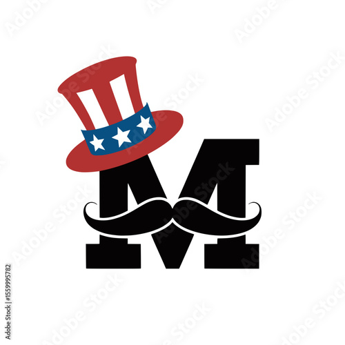 Letter M with Uncle Sam Hat and Mustache Graphic, Bold letter M illustration featuring an Uncle Sam hat and mustache, perfect for American patriotic themes, celebrations, and creative holiday brandin
