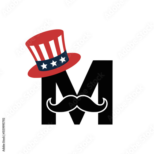 Letter M with Uncle Sam Hat and Mustache Graphic, Bold letter M illustration featuring an Uncle Sam hat and mustache, perfect for American patriotic themes, celebrations, and creative holiday brandin
