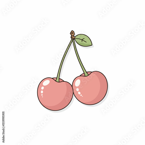 Fresh vintage cherry label depicts two red cherries with green leaf. This vintage cherry label illustration offers a juicy look, suitable for food packaging designs and branding.