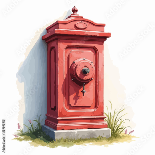 Red wall hydrant box presents a vintage fire equipment structure against a light wall, showing detailed components. Wall hydrant box is shaded, revealing valve and drain details, grass,