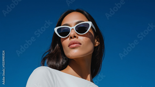 Fashion Model in Sunglasses Posing Against Clear Sky