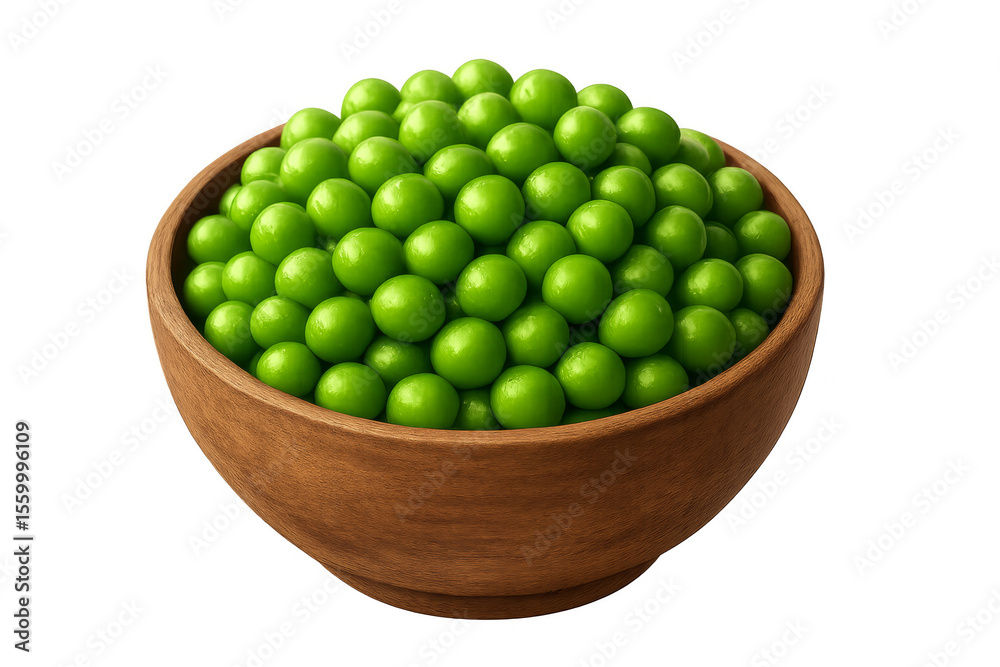 Wooden bowl overflowing with fresh green peas on transparent background Wooden bowl overflowing with fresh green peas on transparent background