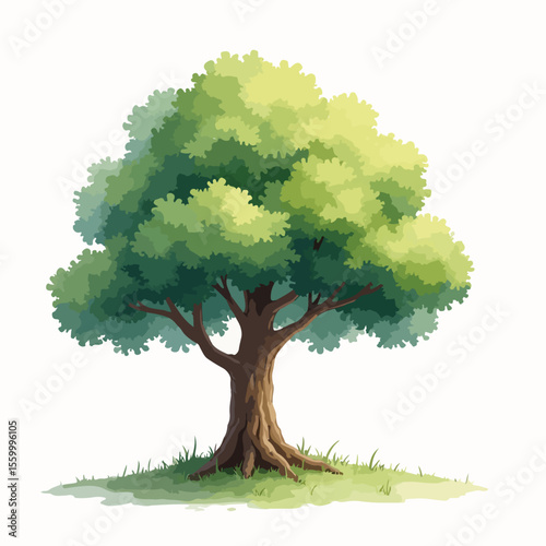 Lush tree with a majestic crown atop verdant grass. This tree shows thick trunk and vibrant green leaves, standing out with its natural elegance. Conceptual tree, symbolizing growth and resilience,