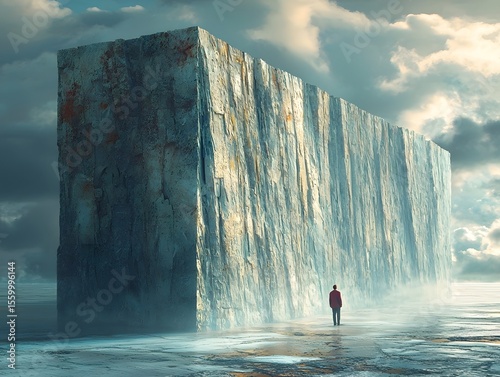 A lone figure faces a towering wall of water and sky