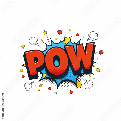 Bright comic explosion with 'POW!' offers dynamic expression for your projects. Comic explosion graphic includes vibrant colors, heart and star accents, and playful cloud shapes,