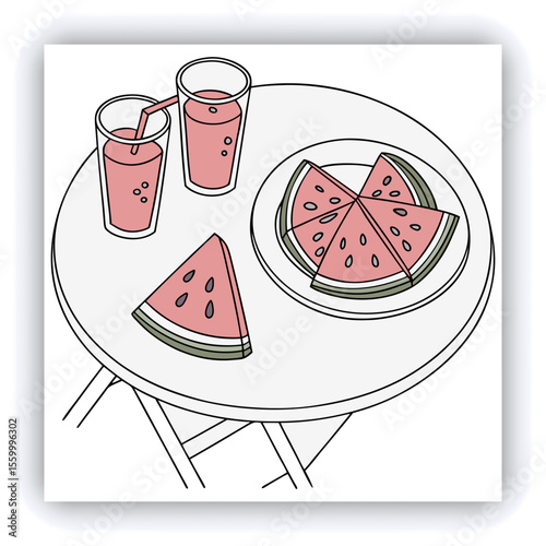 Banner image for design, web site. Watermelon drink in glasses and slices of watermelon on plate on light gray table background. Table top view with copy space