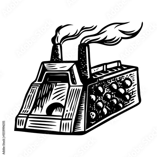 A vintage style illustration showing iron factory