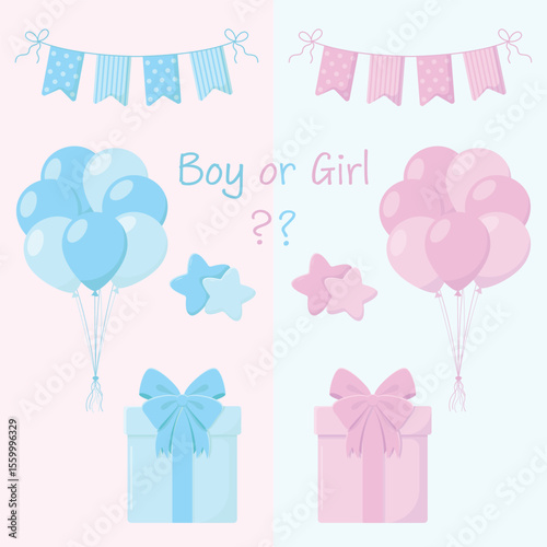 Gender reveal props in blue and pink colours. Air balloons, flags garland, gift boxes with bows, stars and sign "Boy or Girl". Gender party. Baby shower vector illustration. Stickers.