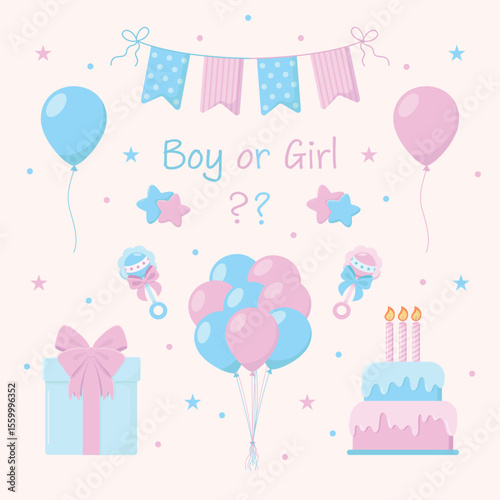 Gender reveal props in blue and pink colours. Air balloons, flags garland, gift box with bow, cake with candles, rattles and sign "Boy or Girl". Gender party. Baby shower vector illustration. Stickers