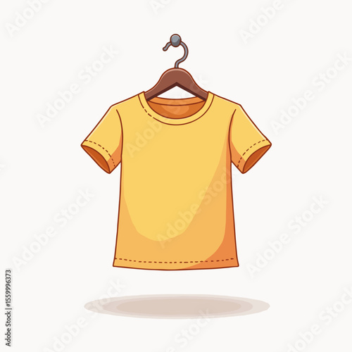T-shirt on hanger shows a yellow garment hanging on wooden rack. This T-shirt on hanger is a bright illustration, ready to wear, apparel has short sleeves.