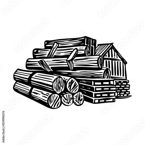 A vintage style illustration showing lumber yard