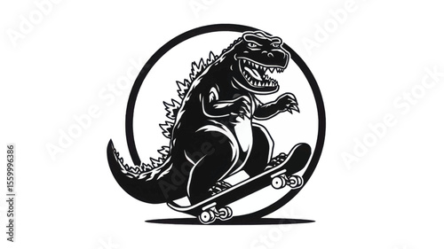 Godzilla rides a skateboard within a circular graphic