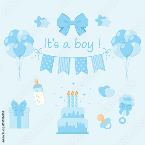 Gender reveal props in blue colours. Air balloons, flags garland, gift box with bow, cake with candles, bottle with milk, rattle, sign "It's a boy". Gender party. Baby shower vector illustration. 
