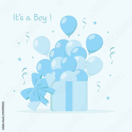 Lots of blue balloons flying out of a gift box with bow. It's a boy sign. Gender party. Baby shower vector illustration.