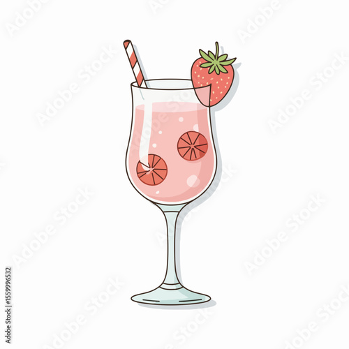 Strawberry cocktail illustration with fresh fruit and striped straw for summer refreshment. Elegant strawberry cocktail enhances beverage appeal.