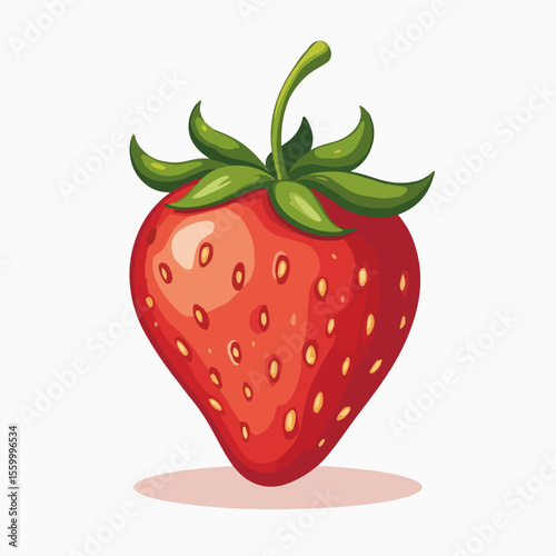 Ripe strawberry illustration, featuring sweet red berry with green stem and leaves. Strawberry with natural details is freshly harvested from garden. Sweet strawberry,