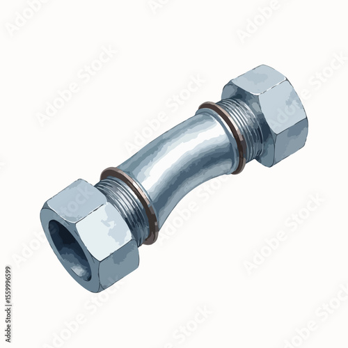 Straight metal hose connector displays fitting and rings. Straight metal hose connector shows industrial plumbing elements and metalwork.