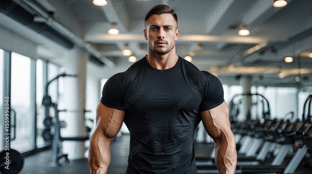 Naklejka premium A Muscular Person in a Tight Black T-Shirt Standing in a Gym, Showing Defined Muscles in the Arms, Shoulders, and Chest with Gym Equipment in the Background