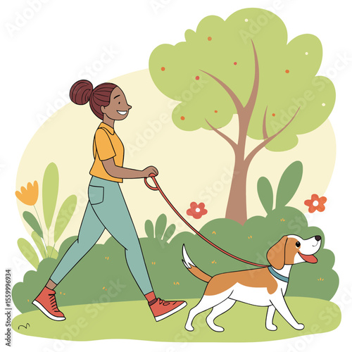 Woman walks beagle dog on leash in park during the daytime