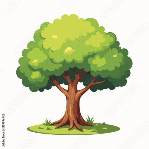 Small tree branch illustration showcasing detailed foliage and sturdy trunk on white background. Depicting small tree branch art, this image highlights stylized leaves, bark texture,