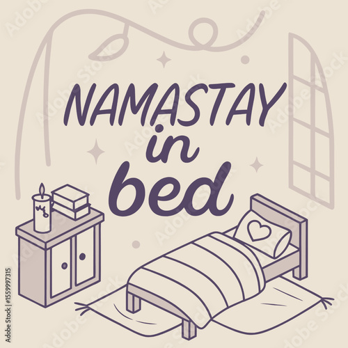 Namastay in bed illustration showing bedroom interior during daytime