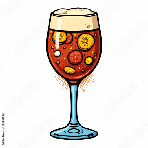 Refreshing Sangria glass filled with mixed fruits and chilled foam, perfect for summer days. Sangria glass enhances this delicious beverage with slices of orange and other seasonal fruits.