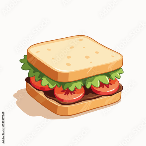 Sandwich with fresh vegetables served on toasted bread, delicious sandwich, illustration. This sandwich includes lettuce, sliced tomatoes, and savory spread,