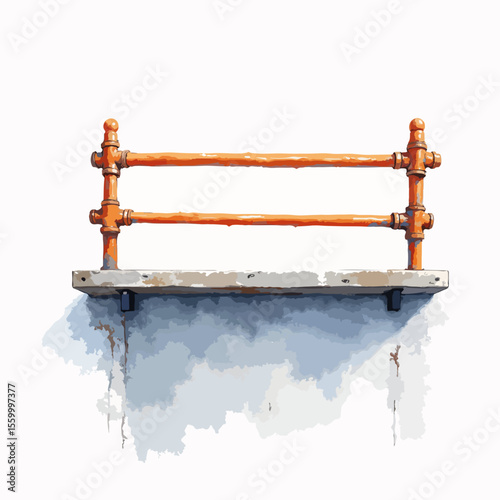 Scaffolding guard rail, orange metal pipes form a safety barrier. Scaffolding guard rail provides fall protection, ensuring secure work on construction projects.