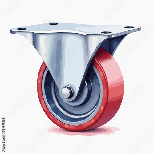 Scaffolding caster wheel on clean backdrop, depicted with vivid red and silver tones. Scaffolding caster wheel construction highlights durable components and functional design, focusing on mobility.