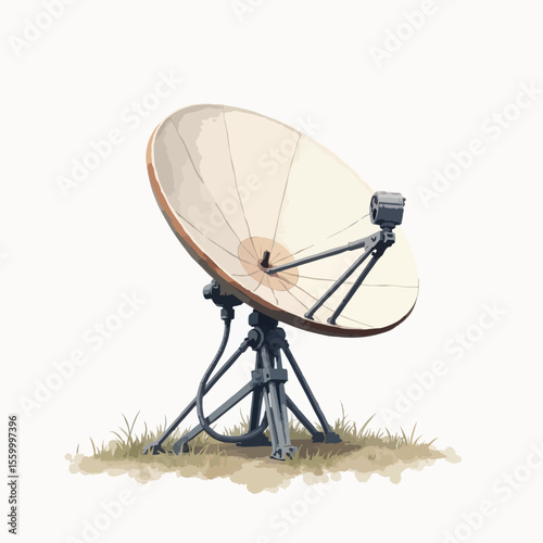 Satellite dish broadcasts signals on white background, transmitting technology. Satellite dish with arm provides essential wireless connectivity and signal reception.