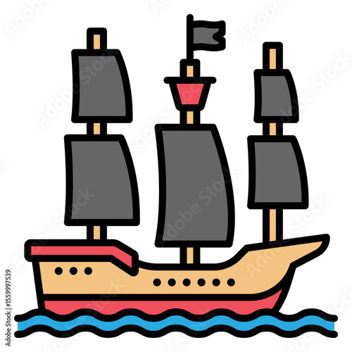 Cartoon Pirate Ship Sailing on Sea