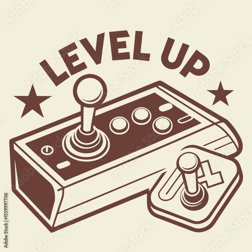 Retro video game consoles and level up text with stars for achieving new levels