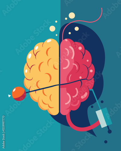 A clash between traditional values and modern beliefs leaving the brain in a state of cognitive tugofwar.. Vector illustration