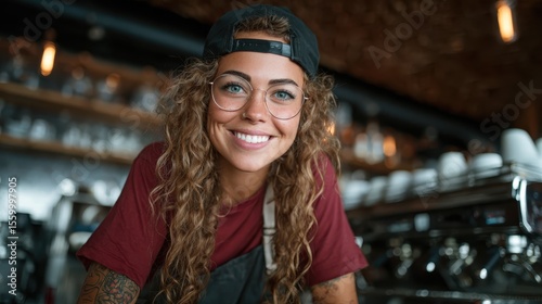 Wallpaper Mural A cheerful barista with curly hair and glasses leans over the counter, radiating warmth and friendliness in a vibrant café surrounded by coffee equipment and patrons. Torontodigital.ca