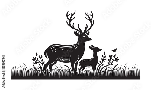 Deer Family Silhouette in Grass, Black and White Wildlife Illustration with Antlered Buck and Fawns