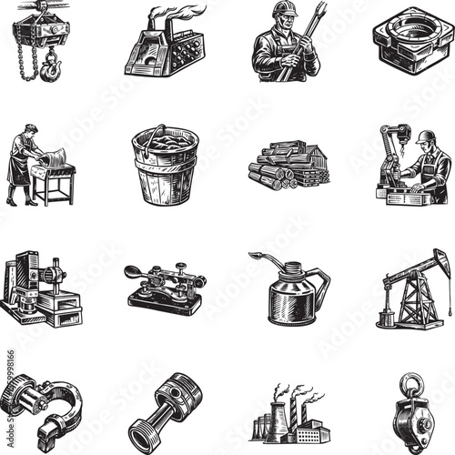 Set of Industrial Equipment Vintage Illustrations 