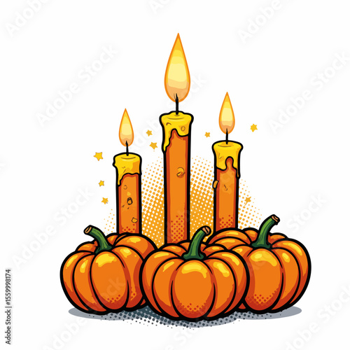 Pumpkin candles create a spooky Halloween scene with lighted wicks and miniature pumpkins in autumn colors. Pumpkin candles provide festive illumination and eerie charm during the fall season.