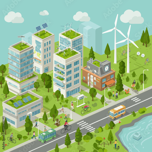 This vector image showcases a green, sustainable urban city.