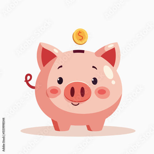 Piggy bank with gold coin for savings and financial investment. Piggy bank illustration shows cute pink animal with money, a symbol of saving. Concept piggy bank for personal finance planning,