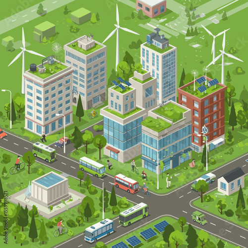 This vector image showcases a green, sustainable urban city.
