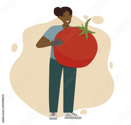Vector illustration of smiling person holding giant tomato with both hands. Character looking pleased and satisfied showing playful and creative concept.