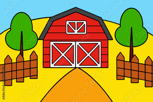 dirt road through gate leading to distant red barn